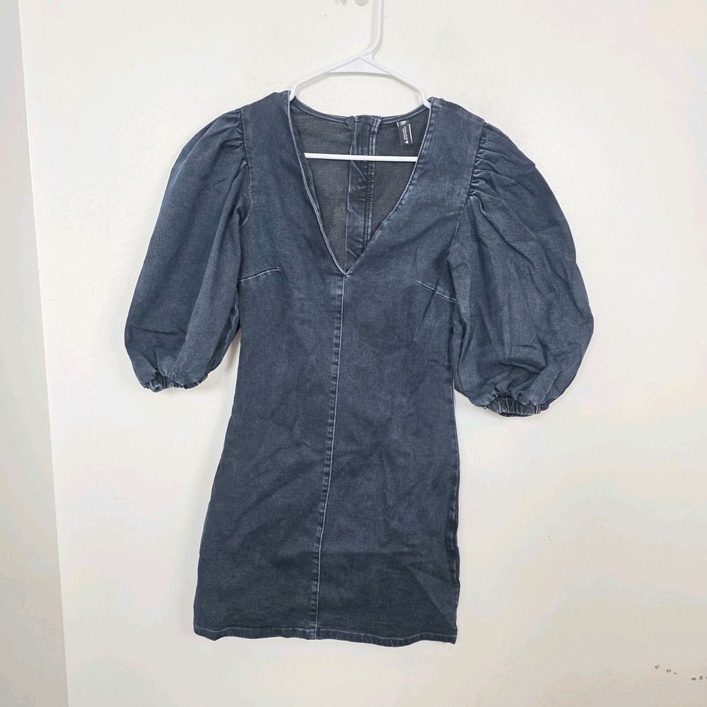 Zara Dark Wash Denim Fitted Puff Sleeve Going Out Feminine Mini Dress Size S